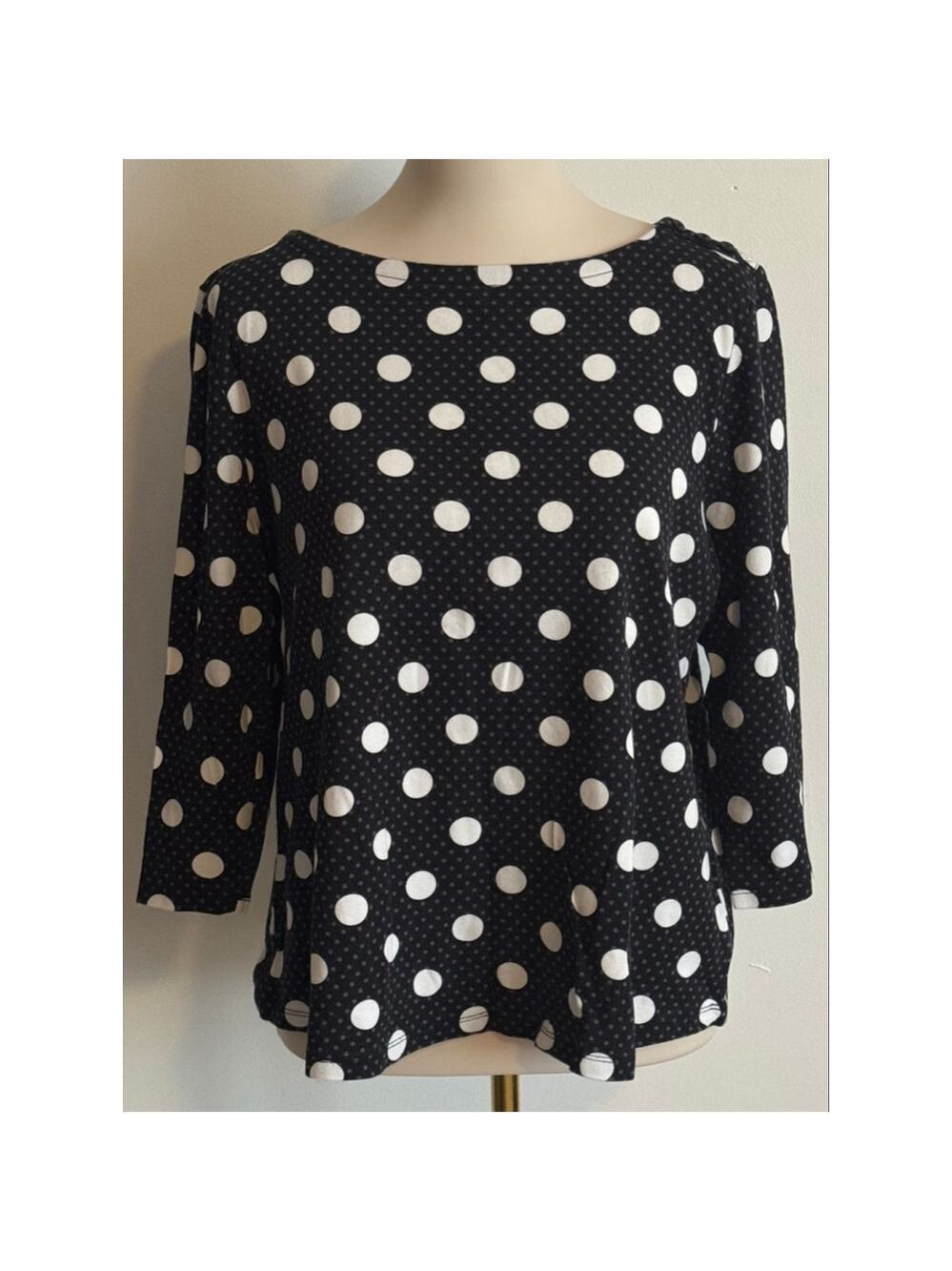 Women's Charter Club Long Sleeve Tee XL Black White Polka Dot